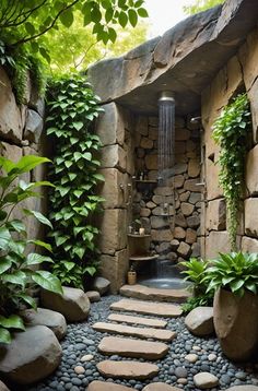 an outdoor shower is surrounded by rocks and greenery, with a water feature in the middle