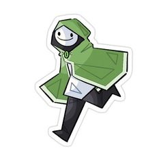 a sticker with an image of a person wearing a green coat and black pants