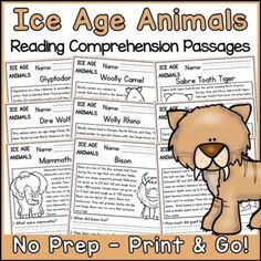 an ice age animal reading companion passage with the text, no prep print and go