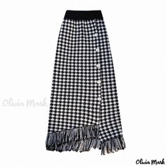 Olivia Mark - Professional Black High-Waisted Knitted Pencil Skirt with Houndstooth Pattern, Tassels, and Figure-Hugging Design Fitted Black Skirt With Houndstooth Pattern, Fitted Black Houndstooth Skirt, Elegant Black Skirt With Houndstooth Pattern, Black Fitted Houndstooth Skirt, Elegant Black Houndstooth Pattern Skirt, Elegant Black Houndstooth Skirt, Black Houndstooth Bottoms For Winter, Black Houndstooth Winter Bottoms, Sleek Black Maxi Dress