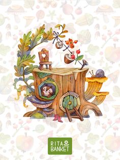 an illustration of a tree stump with animals and plants on it's top shelf