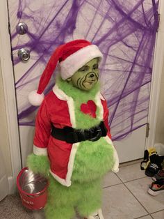 a man dressed up as the grinch in front of a door