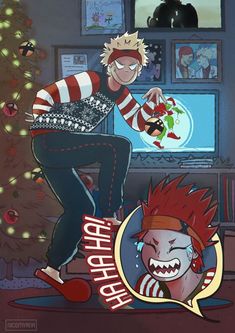 an animated image of a man with red hair and spiked mohawks standing in front of a christmas tree