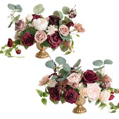 two gold vases filled with flowers and greenery next to each other on a white background