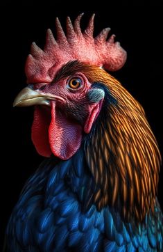 a close up of a rooster on a black background