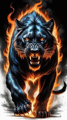 a black tiger with orange and blue flames on it's face