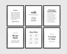 four black and white posters with different phrases