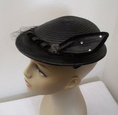 Vintage Black Straw Hat with Rhinestones Black Straw Hat, Womens Hat, Black Veil, 1950s Vintage, Hats Vintage, Straw Hat, Hats For Women, Vintage Black, Veil