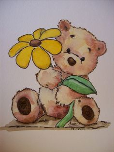 a painting of a teddy bear holding a flower