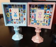 two pink and blue frames with pictures on them