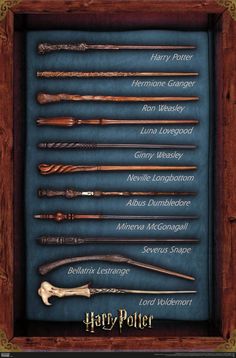 harry potter's wands are displayed in a wooden frame