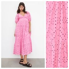 Nwt. Zara Pink Openwork Embroidered Midi V-Neck Dress With Short Balloon Sleeves, Embroidered Eyelet Detail. Interior Lining, Front Button Closure. Size L. Ref. 0881/303. Pit To Pit 18" Flat, Sleeves 15", Waist 19”, Length 50". W Chic V-neck Eyelet Dress, Spring Midi Dress With Cutwork Hem, Spring Midi Dress With Cutwork Hem And Short Sleeves, Spring Eyelet Midi Dress, Chic Eyelet V-neck Dress, Summer Midi Dress With Cutwork Hem And Short Sleeves, Spring Eyelet Maxi Dress, Summer V-neck Eyelet Dress, Spring Eyelet Midi Dress For Brunch