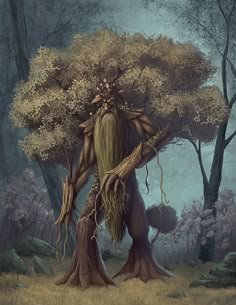 a painting of a man with long hair standing in the middle of a forest surrounded by trees