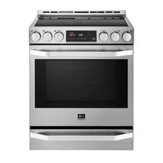 a stainless steel oven with the door open and its light on, in front of a white background