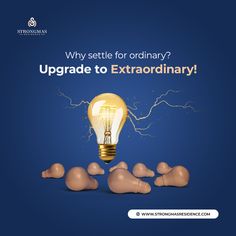 a light bulb is surrounded by small plastic figures and the words upgrade to extra ordinary