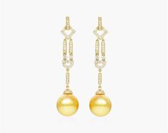 Evoking sophistication and luxury, these alluring Art Deco earrings are the perfect complement to any outfit. The soft, golden South Sea pearl is the perfect contrast to the glistening diamonds and geometric shapes, creating a truly unique and eye-catching piece. These earrings are sure to turn heads wherever you go, making them the perfect choice for any special occasion. Whether you're dressing up for a night out or tending to business, these earrings will add a touch of elegance to your look. Luxury Yellow Gold Pearl Earrings For Evening, Luxury Yellow Gold Pearl Earrings With Elegant Design, Elegant Yellow Earrings For Evening, Art Deco Drop Earrings, Pearl Art, Golden South Sea Pearls, Deco Earrings, Sea Pearl, Art Deco Earrings