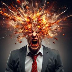 a man in a suit and tie with his head exploding into the air as if he was screaming