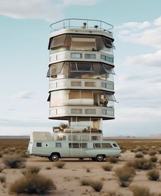 an old van is parked in front of a tall building with balconies on top