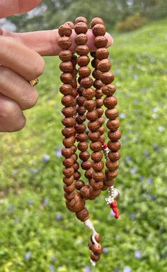 Bodhi Seed Malas are traditional Buddhist prayer beads made from the seeds of the Bodhi tree, revered for their connection to enlightenment. This Bodhi Seed mala is a rare to find because of the size. The size of the bead is between 8mm to 9mm. It comes with silver mala counter. 16" long. Only 1 Available! Traditional Brown Jewelry For Blessing, Brown Mala For Healing And Festivals, Traditional Brown Mala As Gift, Spiritual Brown Mala For Festivals, Traditional Handmade Rosary For Blessing, Traditional Brown Mala For Festivals, Handmade Traditional Rosary For Blessing, Wooden Beads Mala For Rituals And Festivals, Traditional Jewelry With Wooden Beads For Blessing