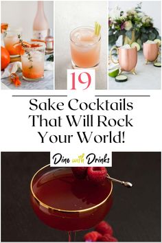 Collage of 4 sake cocktails. Saki Mixed Drinks, Sake Sangria Recipes, Asian Drinks Cocktails, Cocktails With Saki, Asian Inspired Cocktails Drinks, Asian Inspired Cocktails, Fodmap Drinks, Japanese Inspired Cocktails