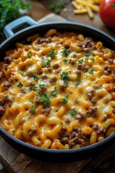 a casserole dish with cheese and ground beef in it on a wooden cutting board