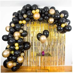 16-Foot DIY Black and Gold Balloon Garland and Arch Kit with Gold Fringe Curtains Black And Gold Balloon Garland, Confetti Diy, Gold Theme Party, Black And Gold Party, Gold Balloon Garland, Fringe Curtains, Black And Gold Balloons, Gold Confetti Balloons, Graduation Balloons