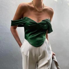 Emerald Satin Crop Top Satin Crop Top, Irregular Hem, Womens Cami, Look Of The Day, Satin Top, Sleeveless Crop Top, Green Satin, Off Shoulder Tops