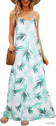 Lasaky - Long Casual Maxi Dress with Sleeveless V-neck Design, Thin Shoulder Straps, Floral Print, and Pockets Maxi Dress Summer Beach, Womens Beach Dresses, Side Split Maxi Dress, Long Dresses Casual Maxi, Beach Sundress, Long Sundress, Summer Beach Dress, Travel Dress, Split Maxi Dress