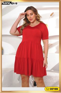 Women Summer Red Casual V-neck Short Sleeves Solid Mini Loose Plus Size Casual Dress Red Short Sleeve V-neck Dress, Red V-neck Mini Dress, Plus Size Casual Dress, Clothing Plus Size, Plus Size Casual, Plus Size Dresses, Plus Size Outfits, Casual Dress, Short Sleeves