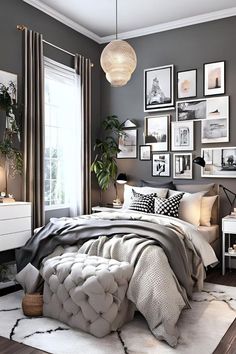 a bedroom with gray walls and pictures on the wall above the bed, along with a white rug