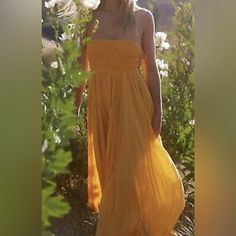 New With Tags From A Smoke Free Home. Yellow Ruched Maxi Dress For Beach, Yellow Ruched Maxi Dress For The Beach, Yellow Strapless Casual Maxi Dress, Casual Yellow Strapless Maxi Dress, Free People Sequin Dress, Maxi Dress Strapless, Solid Maxi Dress, Free People Maxi, Orange Maxi Dress