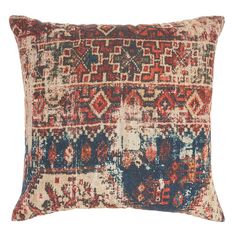 an orange, blue and red rug pillow on a white background with a black border