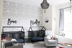 17 Gorgeous gender Neutral Twin Nursery Ideas - Bjarni Baby Twin Boy Nursery, Wallpaper Boy Nursery, Boy Nursery Wallpaper, White Ladder Shelf, Wallpaper Nautical, Twin Boys Nursery, Nursery Wallpaper Boy, Wallpaper Boy