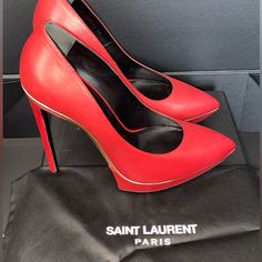 Never Worn Sexy Red Leather 4 Inch Saint Laurent Heels. Perfect For Dates Or To Wear On Valentines Day, Along With Shoe Collectors. Luxury Red Heels For Party, Luxury Red Heels For Evening, Red Sleek Heels For Evening, Sleek Red Heels For Evening, Bold Red Heels For Evening, Bold Red Evening Heels, Designer Red High Heel Shoes, Designer Red High Heels, Pink Dress Shoes