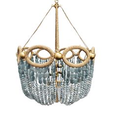 a chandelier made out of wood and glass beads hanging from a chain on a white background