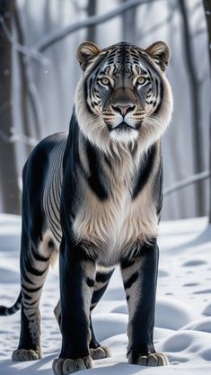 a white tiger standing in the snow with trees in the backgrouds behind it