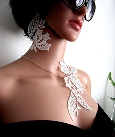 Asymmetrical Bridal Shower Handmade Lace Choker with One Sided | Etsy White Bridal Necklace With Matching Earrings For Party, White Necklace With Matching Earrings For Wedding, White Necklaces With Matching Earrings For Wedding, White Lace Necklace For Wedding, Elegant Lace Necklace For Party, Delicate Lace Wedding Jewelry, Delicate White Bridal Necklace For Party, Delicate White Jewelry For Party, Elegant Lace Jewelry For Party