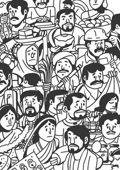 a black and white drawing of many people