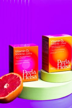 grapefruit, vitamin d and perla helsa on display