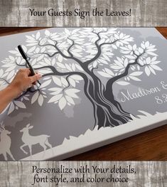 a person writing on a wedding guest sign with the words, personalize with your details, font style and color choice