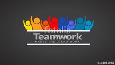 teamwork logo with colorful people holding hands in the shape of a rainbow on a dark background