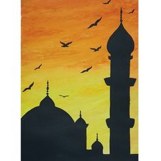 a painting of a mosque with birds flying in the sky above it at sunset or dawn