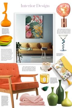 an interior design board with orange and green accents, including a chair, vases, lamp