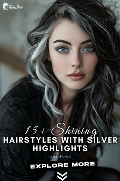 a woman with long hair and silver highlights is posing for a picture Black And Grey Balayage Hair, Dark Hair Silver Streak, One Silver Streak Hair, Two Tone Gray Hair, Balayage Silver Hair Brunette, Silver Hair With Black Underneath, Chocolate Brown Hair With Silver Highlights, Grey Streaked Hair, Black Lowlights In Gray Hair