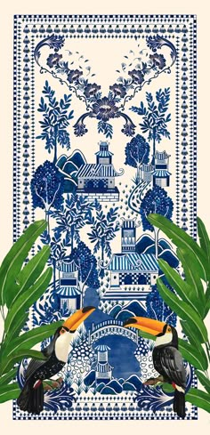 two toucans on a blue and white background with green leaves in the foreground