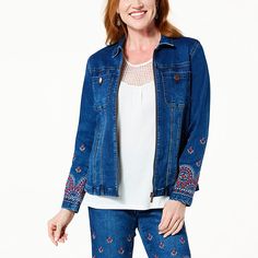 DG2 by Diane Gilman New Classic Stretch Denim Embroidered Jacket Top off any outfit with the ever-classic and always-in-style, layering MVP ... the jean jacket. Diane's embroidered version is versatile enough to finish casual or ultra-glam looks with its functional pockets and exposed zipper closure that assure effortless style in a perfectly fitted silhouette that is sure to be your go-to topper. Stand Collar Jackets, Glam Looks, Classic Jeans, Exposed Zipper, Embroidered Jacket, Fitted Silhouette, New Classic, Jeans Style, Jacket Tops