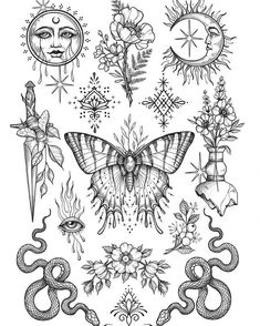 an image of tattoos with flowers and butterflies on them, including the sun and moon