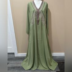 Green Moroccan Kaftan With Embroidery. Nwt, Xl Green Embellished Long Sleeve Kaftan, Hand Embellished Long Sleeve Kaftan For Eid, Embellished V-neck Abaya For Eid, Long Sleeve Kaftan With Mirror Work For Wedding, Bohemian Embellished Long Sleeve Thobe, Bohemian Long Sleeve Embellished Thobe, Bohemian Embellished Festive Abaya, Bohemian Embellished Abaya For Festive Occasions, Festive Bohemian Embellished Abaya