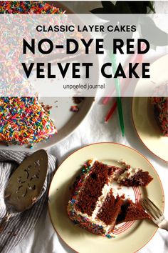 a slice of red velvet cake with sprinkles on it and the words classic layer cakes no - dye red velvet cake