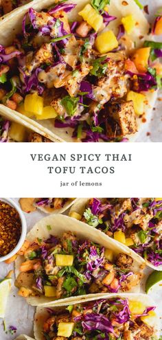 Two images of vegan tofu tacos. Pineapple Slaw, Tofu Tacos, Thai Spices, Vegan Tofu, Vegan Main Dishes, Tasty Vegetarian Recipes, Vegetarian Dinners